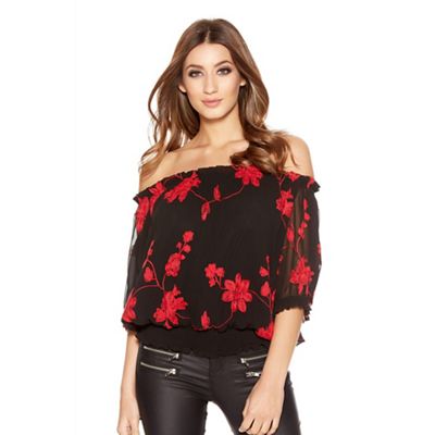 Black and Red Floral Bardot Top